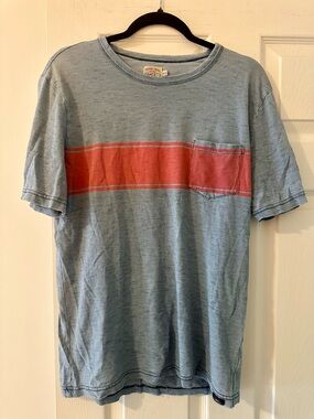 Faherty Light Blue Short-Sleeve Pocket Tee with Coral Stripe